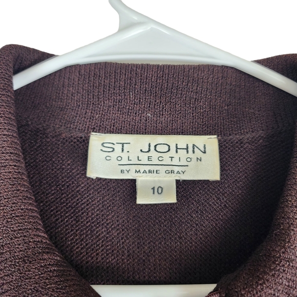 flawed ST. JOHN Marie Gray Womens 10 Zip Up Knit Stitched Collared Sweater Brown - Picture 2 of 7